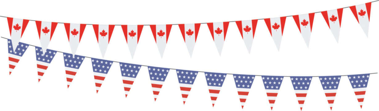 Garlands with pennants from United States of America and Canada