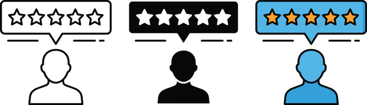 Customer review five star rating icon set featuring user testimonial feedback bubbles in outline glyph and colored style