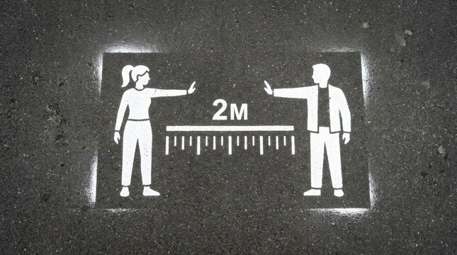 White stencil sign on dark asphalt surface showing two meter physical social distancing rule with human icons and ruler markings, providing a clear health safety guideline for public spaces city park.