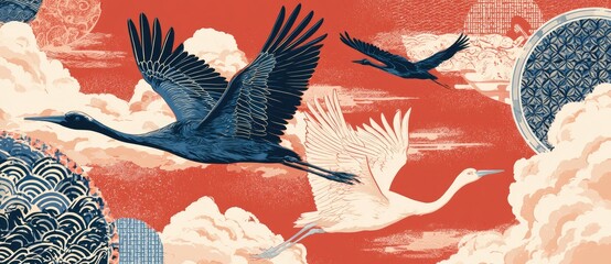 Obraz premium Traditional Japanese Art Style Depicting Cranes Flying Against a Red Sky with Clouds and Waves.