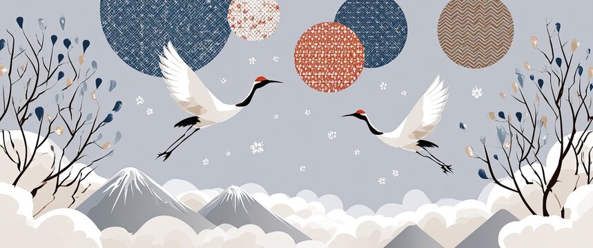 Two Red-Crowned Cranes Flying Over Snowy Mountains with Abstract Circles.