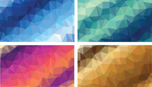 Four rectangular panels featuring geometric low poly patterns in blue, green, pink, and brown tones