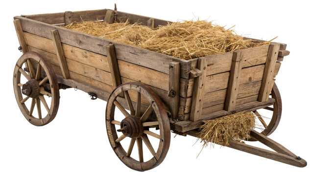 Vintage wooden horse cart wagon filled with dry yellow hay isolated on transparent background cut out