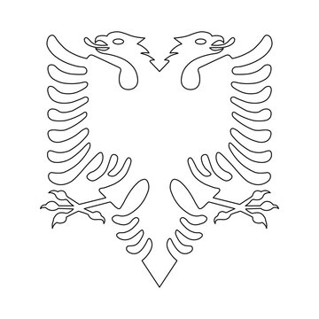 Double headed eagle flat silhouette from Flag of Albania black icon, sticker template. Albanian eagle with two heads outline badge layout. Albanian flag simple coat of arms, sign, symbol sample.