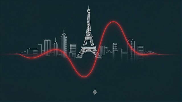 Eiffel Tower skyline with red wave graphic, modern cityscape design.