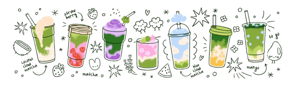Green matcha latte drink cups set with cute doodle elements, ideal for cafe menus, stickers, and promotional beverage designs with Japanese aesthetic. Flat vector illustrations isolated on white