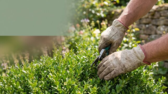 Gardener's hands meticulously trimming a lush green hedge with pruning shears in a sunlit garden