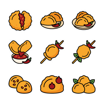 Set of spicy fried tapioca fritters icons in flat design, featuring cireng isi ayam pedas, arranged in a 2x2 grid with solid flat colors, perfect for food app interfaces or recipe illustrations
