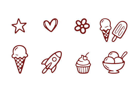 Set of hand drawn doodle icons including star heart flower ice cream rocket and cupcake shapes Vector, illustration