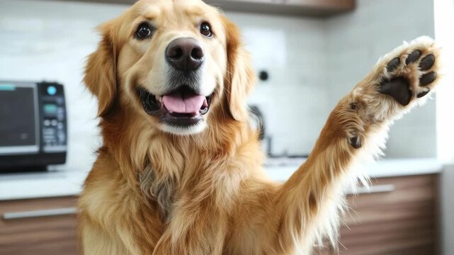 A happy golden retriever with its paw raised as if waving, in a kitchen setting.