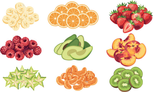 Fresh Sliced Fruit Vector Collection Featuring Banana Orange Strawberry Raspberry Avocado Peach Starfruit Tangerine and Kiwi Elements
