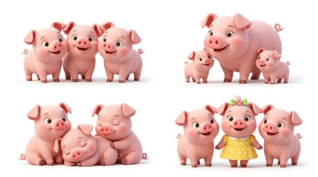Cute Pink Piglets Family Collection, Adorable Cartoon Farm Animals