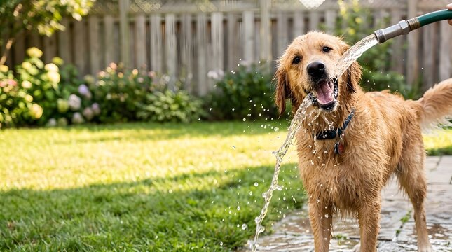 A golden retriever stands in a backyard while a person sprays water with a hose. The dog is enjoying the water on a sunny day surrounded by grass and plants