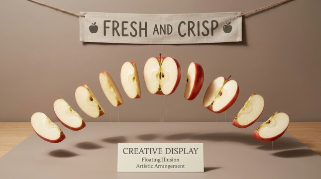 Beautiful red apple slices floating in a creative arc arrangement above a wooden table, showcasing an artistic food display with a fresh and crisp banner and a concept card for marketing and wellness.