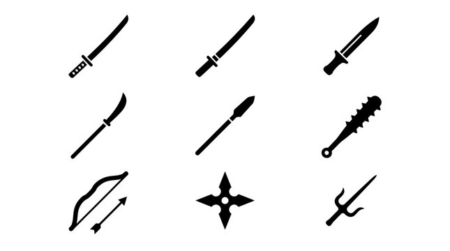 Martial arts weapons icons black silhouette vector set.