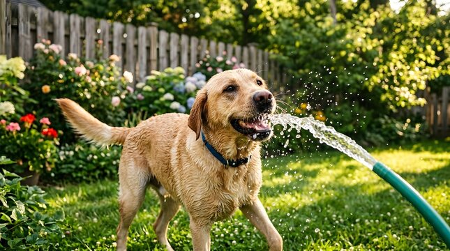 A dog enjoys water spraying from a garden hose. The dog is wet and playful while standing on green grass surrounded by flowers and a wooden fence