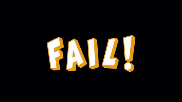 Fail text animation with cartoon 3D bounce on black background / funny wobble yellow white title for fail meme and blooper intro