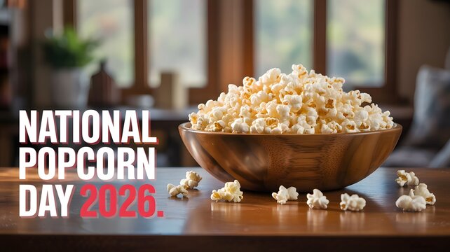 Large wooden bowl filled with buttery popped corn placed on a dark wooden table in home interior