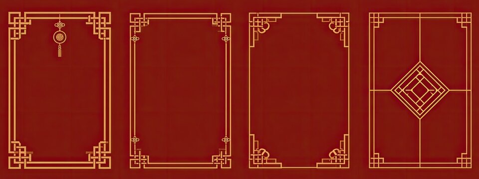Collection of Four Red Backgrounds with Golden Chinese Style Borders and Ornaments.