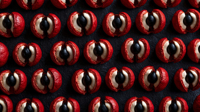 Fresh Open Guarana Berries Pattern on Dark Background