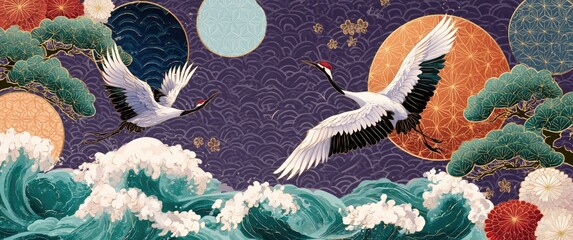 Obraz premium Two Japanese Cranes Flying Over Stylized Waves and Moonlit Sky.
