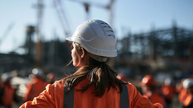 Female Engineer in Hard Hat Looking at Construction Site