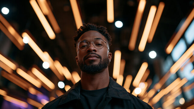 Portrait of Confident Young Black Man in Futuristic Lighting