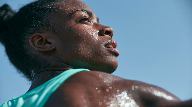Determined Sweaty Black Female Athlete During Intense Workout Outdoor