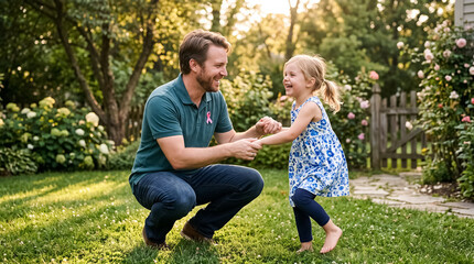 Fototapeta premium Joyful Father and Daughter Playing in Sunny Backyard with Awareness Ribbon