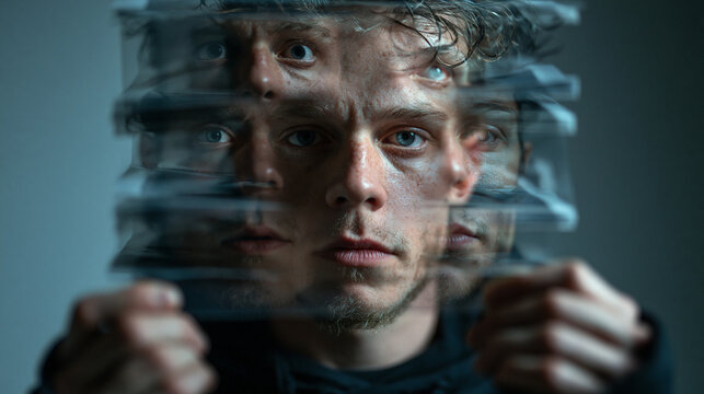 Man Face Distorted Through Glass Representing Mental Health Concept