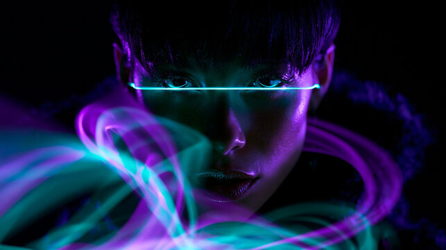 Futuristic Cyberpunk Woman Portrait with Glowing Neon Lights