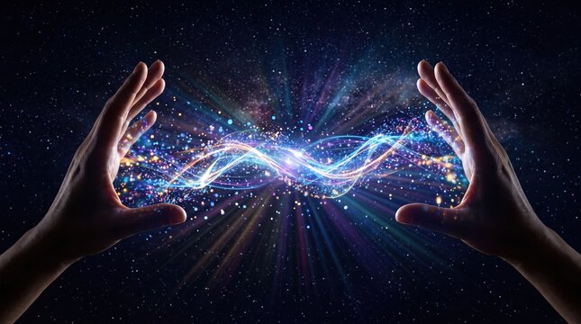Human hands holding a glowing galaxy energy wave, abstract concept of creation, manifestation, and spiritual power against a starry cosmic background with vibrant light rays.