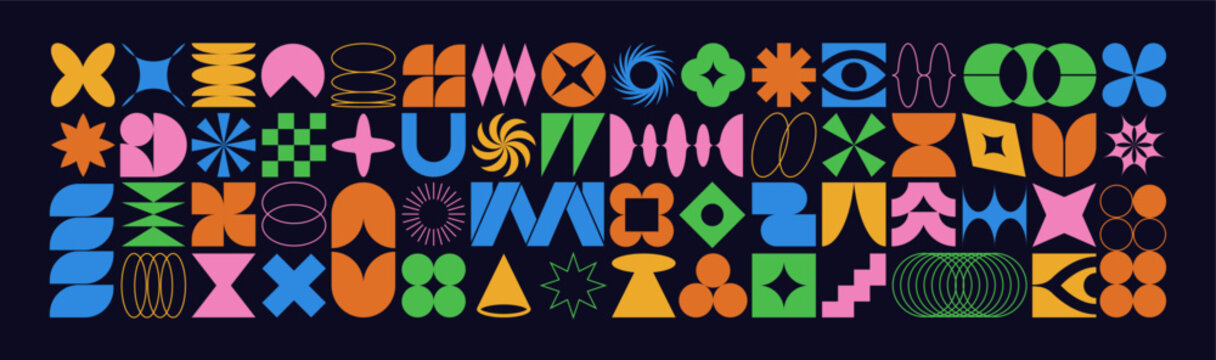 Abstract geometric shapes in brutalist style. Brutal minimal modern geometry figures, basic forms, trendy retro design elements, digital patterns, stars set. Isolated flat vector illustrations
