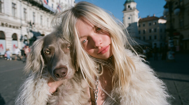 Young Woman Hugging Her Dog in City Street
