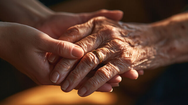 Young Caregiver Holding Elderly Person Wrinkled Hand Gently