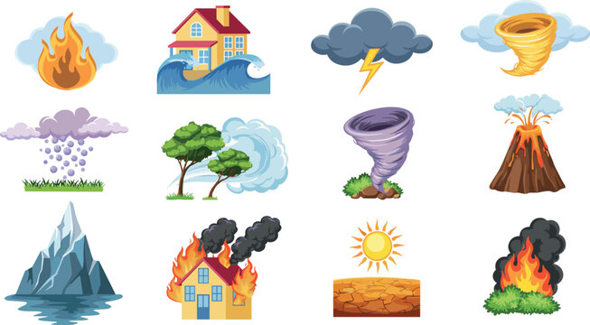 Natural Disaster Vector Icon Set Featuring Flood Fire Volcano Eruption Tornado Storm Tsunami Hail and Drought Illustrations