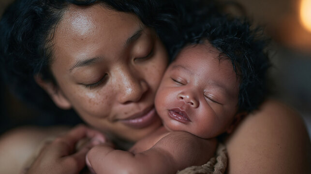 Loving Black Mother Holding Sleeping Newborn Baby