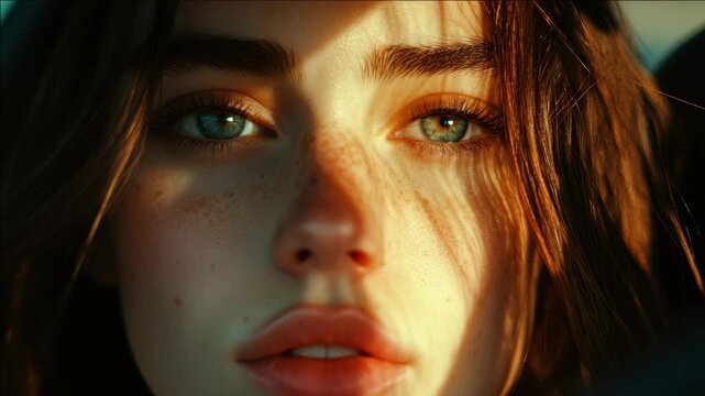 Close-up portrait of a young woman with striking green eyes and freckles on her nose. Her gaze is directed off to the side, giving a candid and contemplative expression.