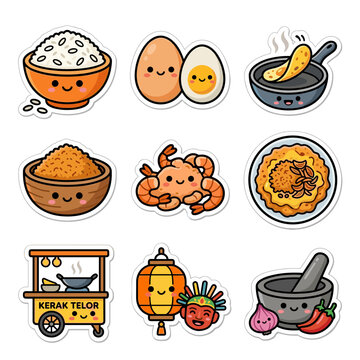Cute Betawi kerak telor food icons set, kawaii style, flat design with thick black outline and plain white backdrop