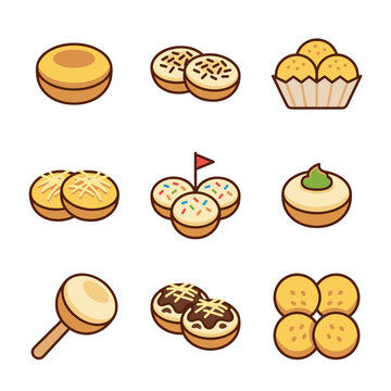 collection of nine kue cubit icons, mini pancake bites, each with a unique topping or decoration, flat solid color, pixel art style, isolated on white background