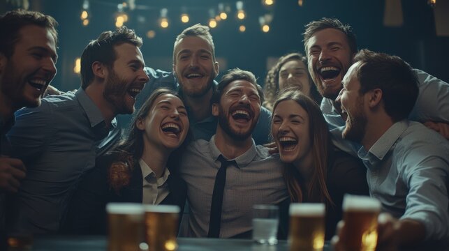 Friends laughing together at a bar