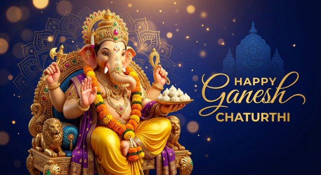 Lord Ganesha Seated on Ornate Throne with Garland and Sweet Offering for Festival Greeting Banner