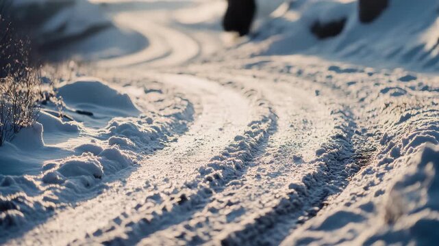 A curving dirt road covered with fresh snow under a cloudy sky.