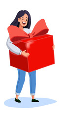 Woman holding a huge red gift box with a bow isolated on transparent or white background, png