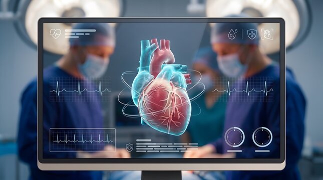 3D human heart hologram displayed on monitor in operating room