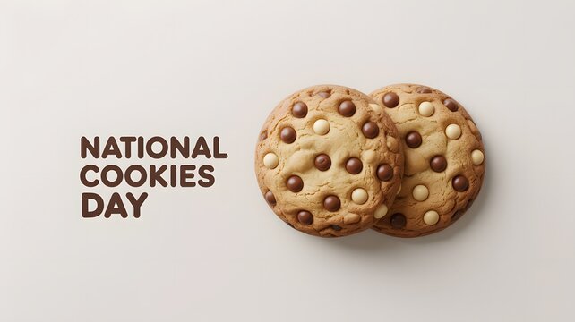 Two round baked dough treat with chocolate chip topping placed on light grey background for holiday event