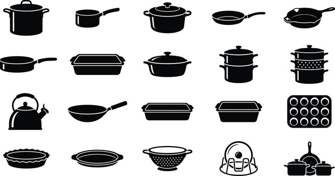 Set of black cooking pots pans and kitchenware icons isolated on white background Vector