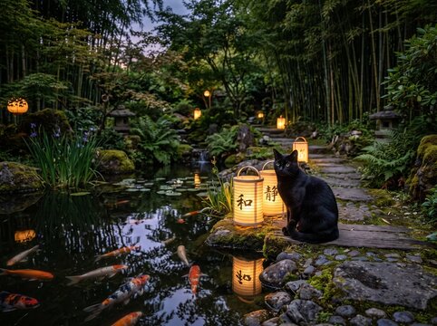 Black cat sitting by glowing paper lanterns. Zen garden pond with koi fish at twilight.