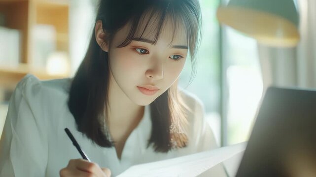 A young woman wearing a white shirt and her hair in pigtails is working on papers at a desk with a lamp in the background.