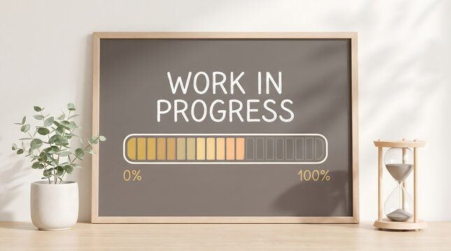 Work in progress chalkboard with loading bar and hourglass